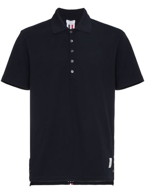 THOM BROWNE Men's Blue Cotton Polo Shirt with Signature Tricolour Stripe