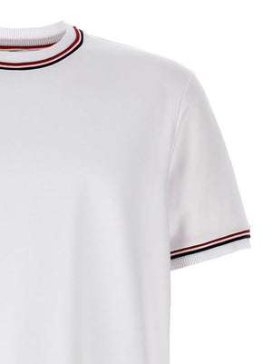 THOM BROWNE Men's White Asymmetric Hem T-Shirt with Tricolor Detail and Contrasting Trimmings