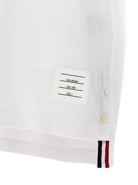 THOM BROWNE Men's White Asymmetric Hem T-Shirt with Tricolor Detail and Contrasting Trimmings