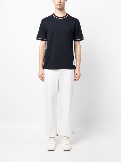 THOM BROWNE Blue Cotton Crew-Neck T-Shirt with Contrasting Trimmings and Tricolor Detail