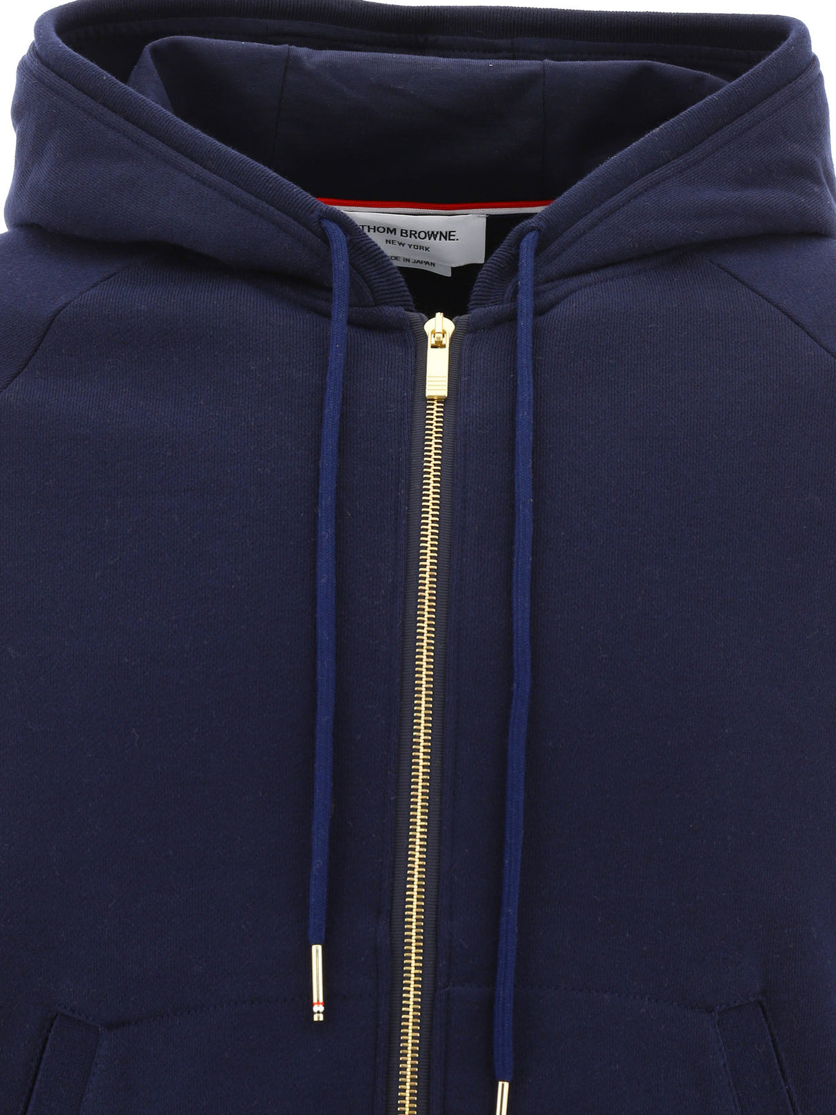 THOM BROWNE Men's Blue Hoodie with Logo Patch and Kangaroo Pocket