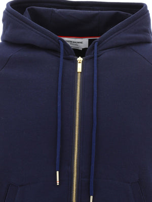 THOM BROWNE Men's Blue Hoodie with Logo Patch and Kangaroo Pocket