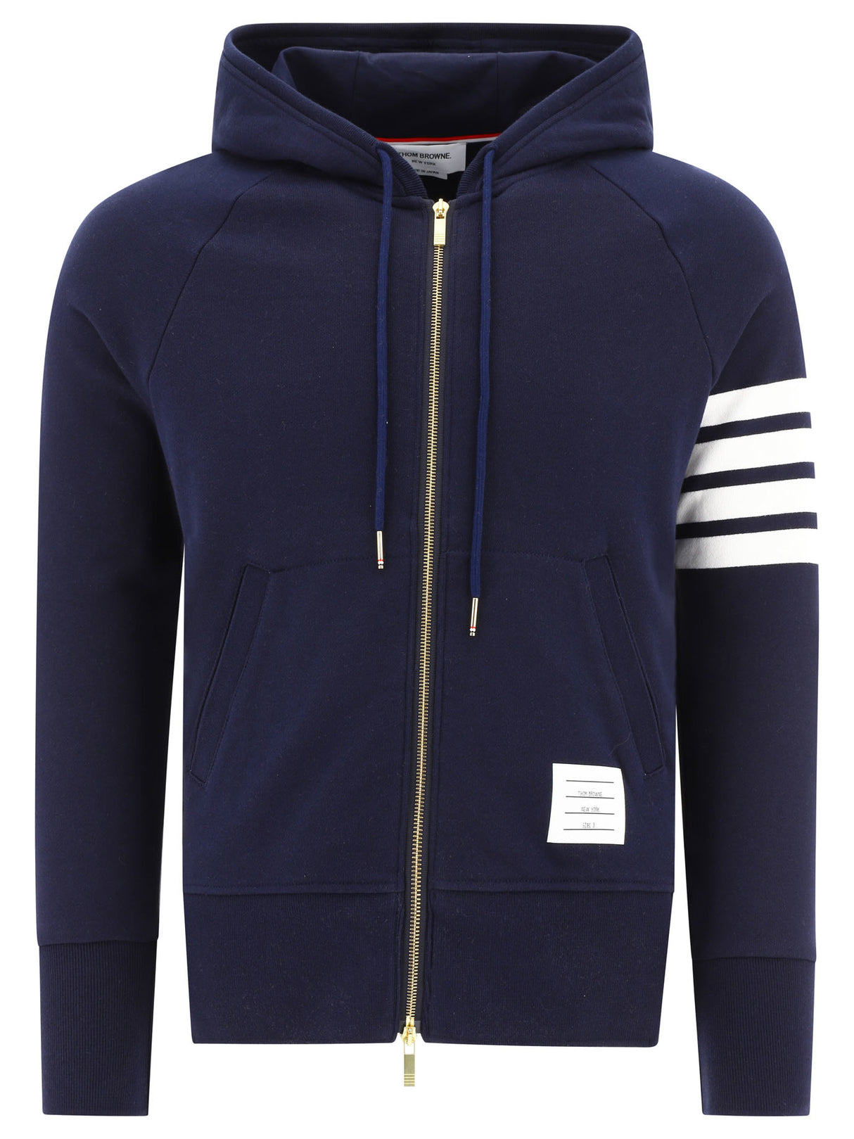 THOM BROWNE Men's Blue Hoodie with Logo Patch and Kangaroo Pocket