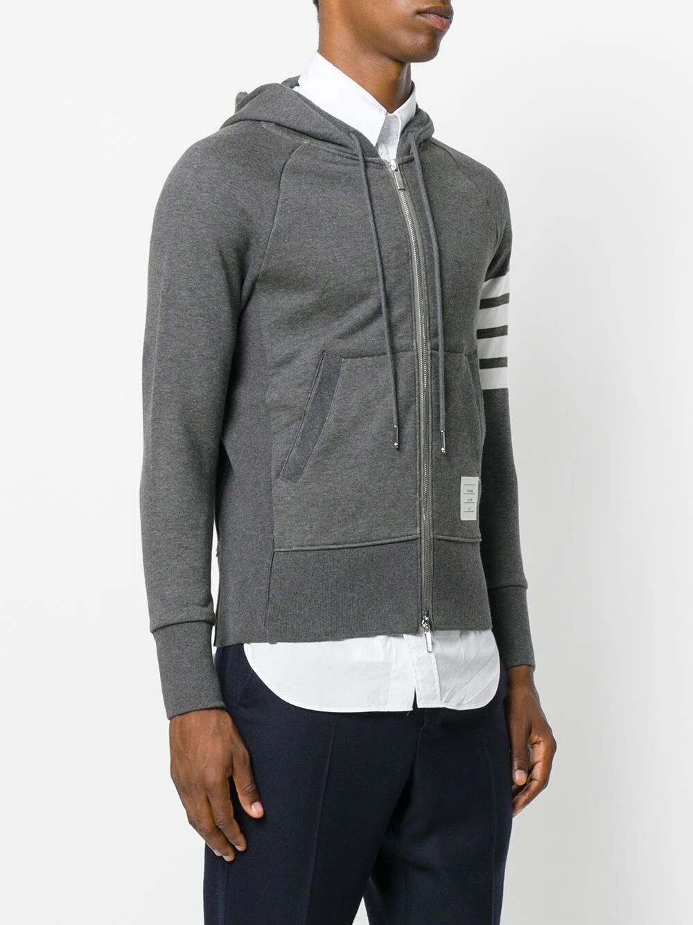 THOM BROWNE Striped Sleeve Hoodie in Grey