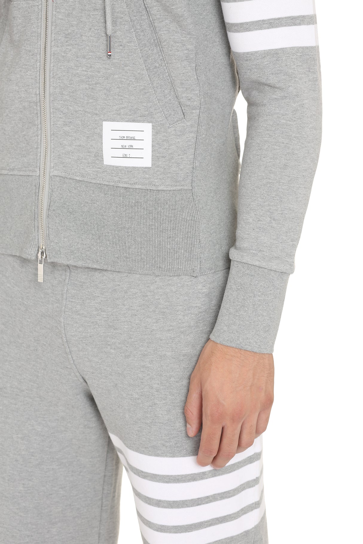 THOM BROWNE Striped Sleeve Hoodie in Grey