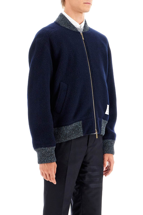 THOM BROWNE Luxury Wool Fleece Bomber Jacket with Tricolor Accent - Size 2