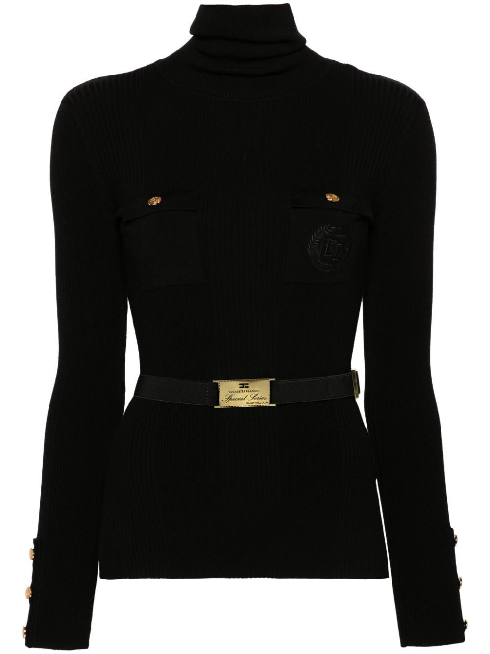 ELISABETTA FRANCHI Narrow Rib Turtleneck Top with Logo Embroidery