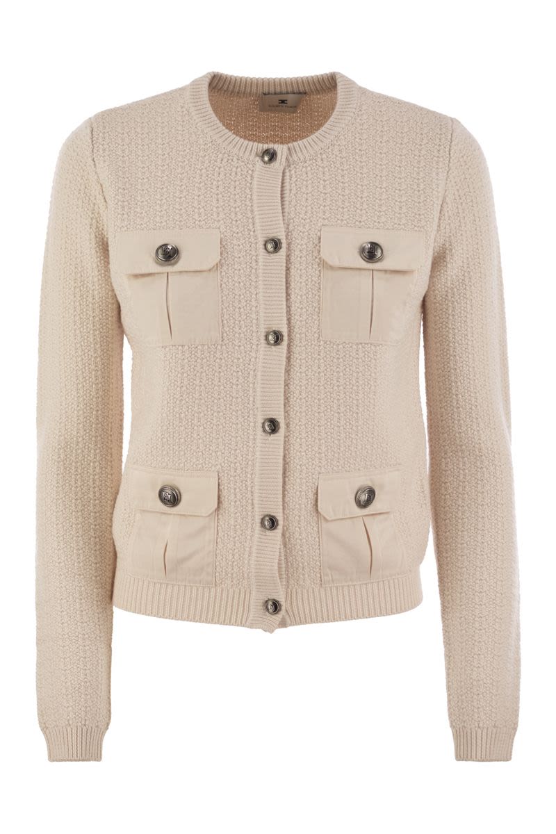 ELISABETTA FRANCHI Chic Bouclé Wool Blend Cardigan with Technical Pockets - Regular Fit