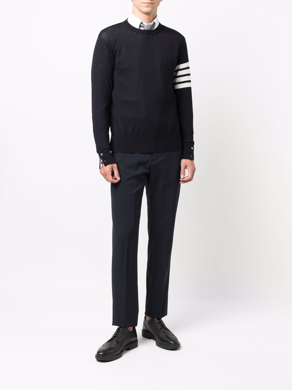 Navy Blue Merino Wool Sweater with Signature Stripes for Men