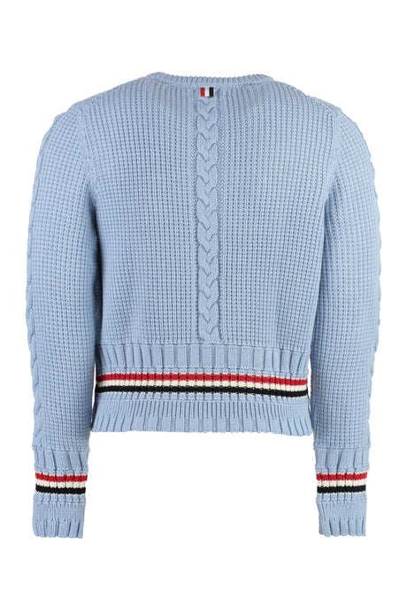 THOM BROWNE Men's Light Blue Wool Cable-Knit Sweater with Colorful Side Stripes