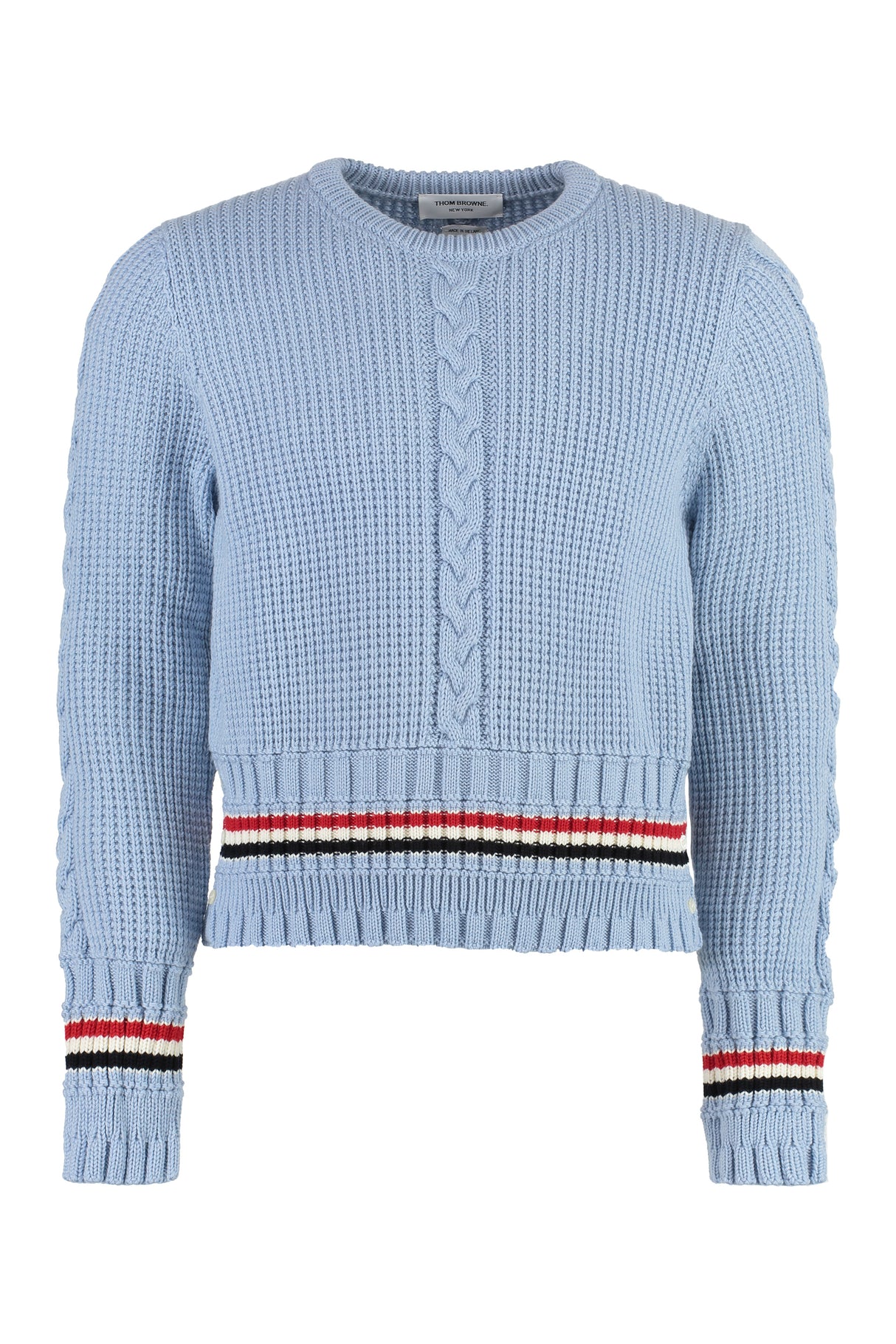 THOM BROWNE Men's Light Blue Wool Cable-Knit Sweater with Colorful Side Stripes