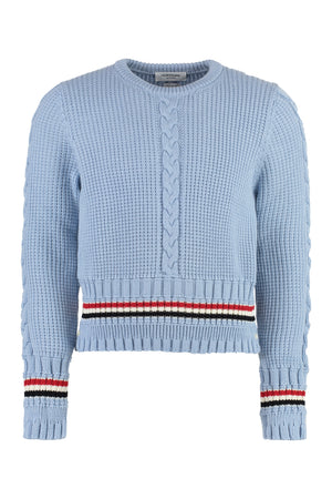 THOM BROWNE Men's Light Blue Wool Cable-Knit Sweater with Colorful Side Stripes