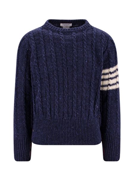 Blue Wool Sweater with 4-Bar Detail and Tricolor Accents