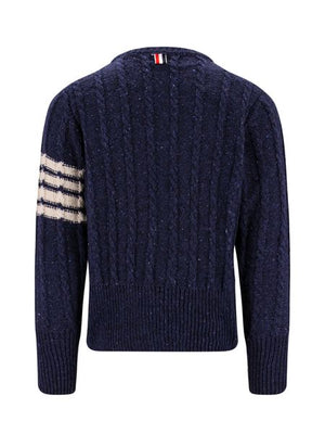 Blue Wool Sweater with 4-Bar Detail and Tricolor Accents