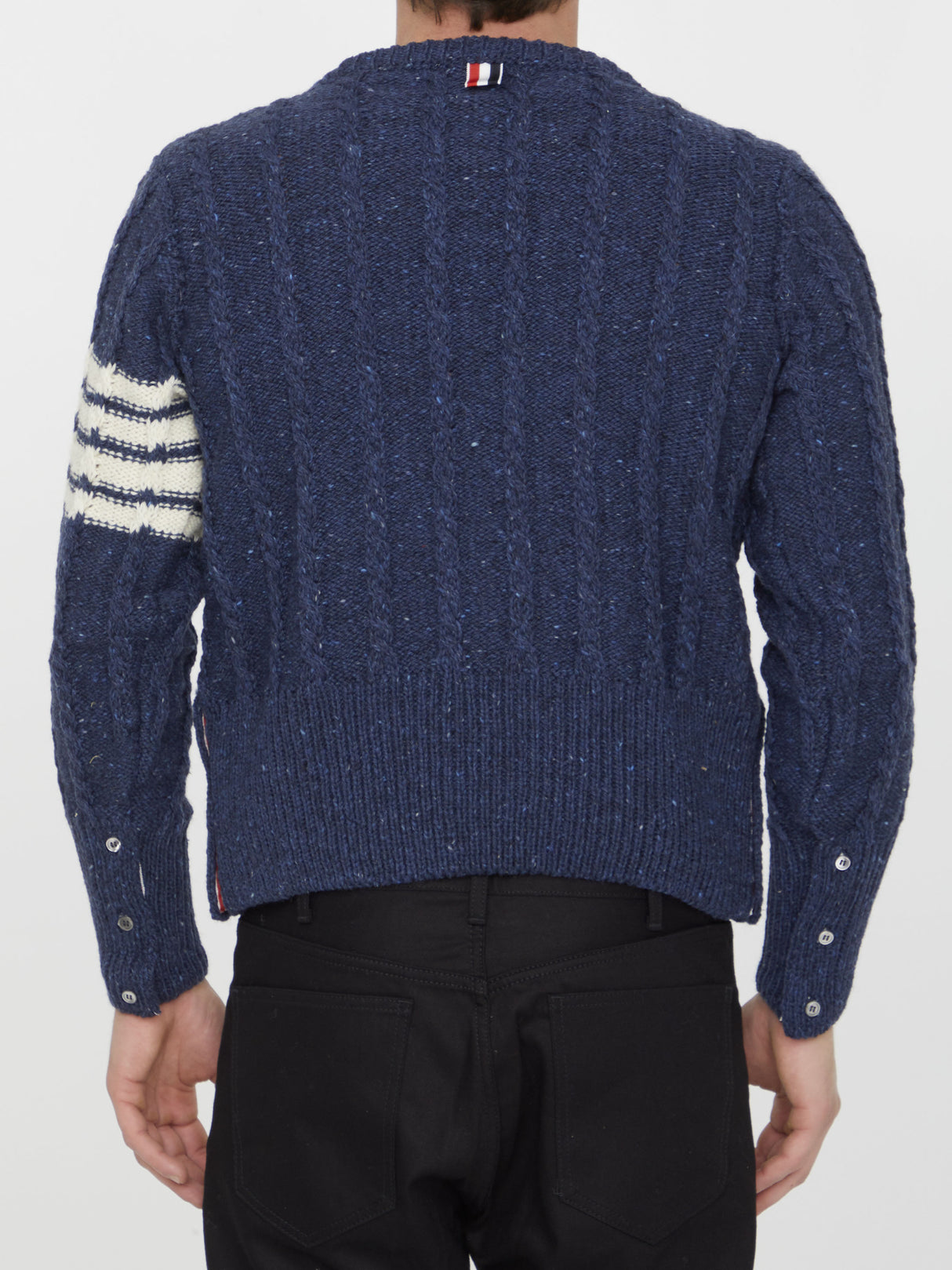 Blue Wool Sweater with 4-Bar Detail and Tricolor Accents