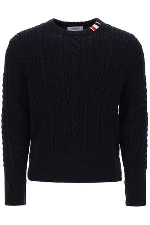 THOM BROWNE Men's Blue Wool Cable Knit Sweater with RWB Detail for SS24