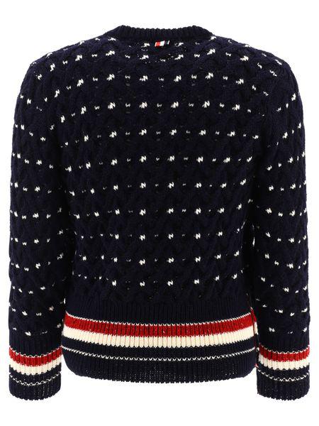 THOM BROWNE Elegant Navy Cable Stitch Crew Neck Sweater