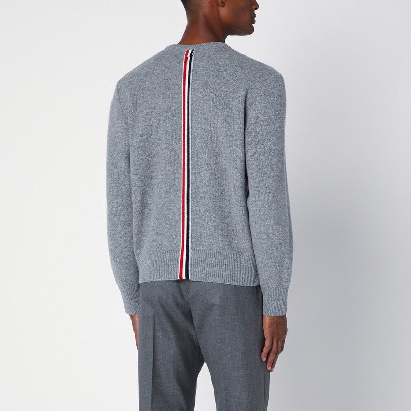 THOM BROWNE Elegant Grey Wool Crewneck Sweater with Tricolor Accent