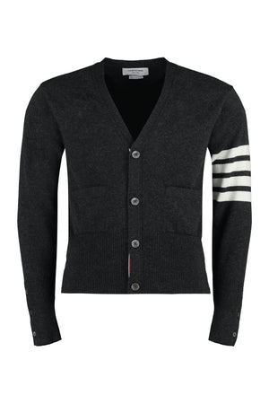 THOM BROWNE Gray Cashmere Cardigan with Side Slits and Tricolor Detail for Men