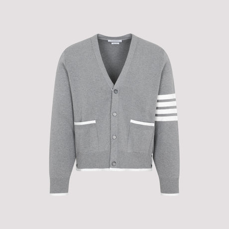 THOM BROWNE Grey Striped Cotton Cardigan for Men in Asymmetrical Style