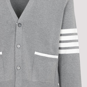 THOM BROWNE Grey Striped Cotton Cardigan for Men in Asymmetrical Style