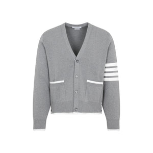 THOM BROWNE Grey Striped Cotton Cardigan for Men in Asymmetrical Style