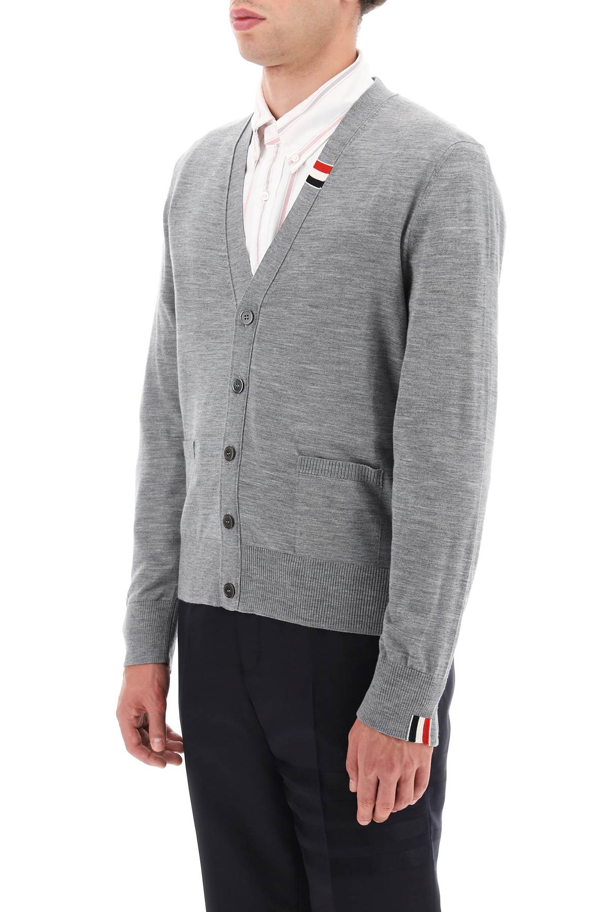 THOM BROWNE Men's Tricolor Wool Cardigan with Double Patch Pocket