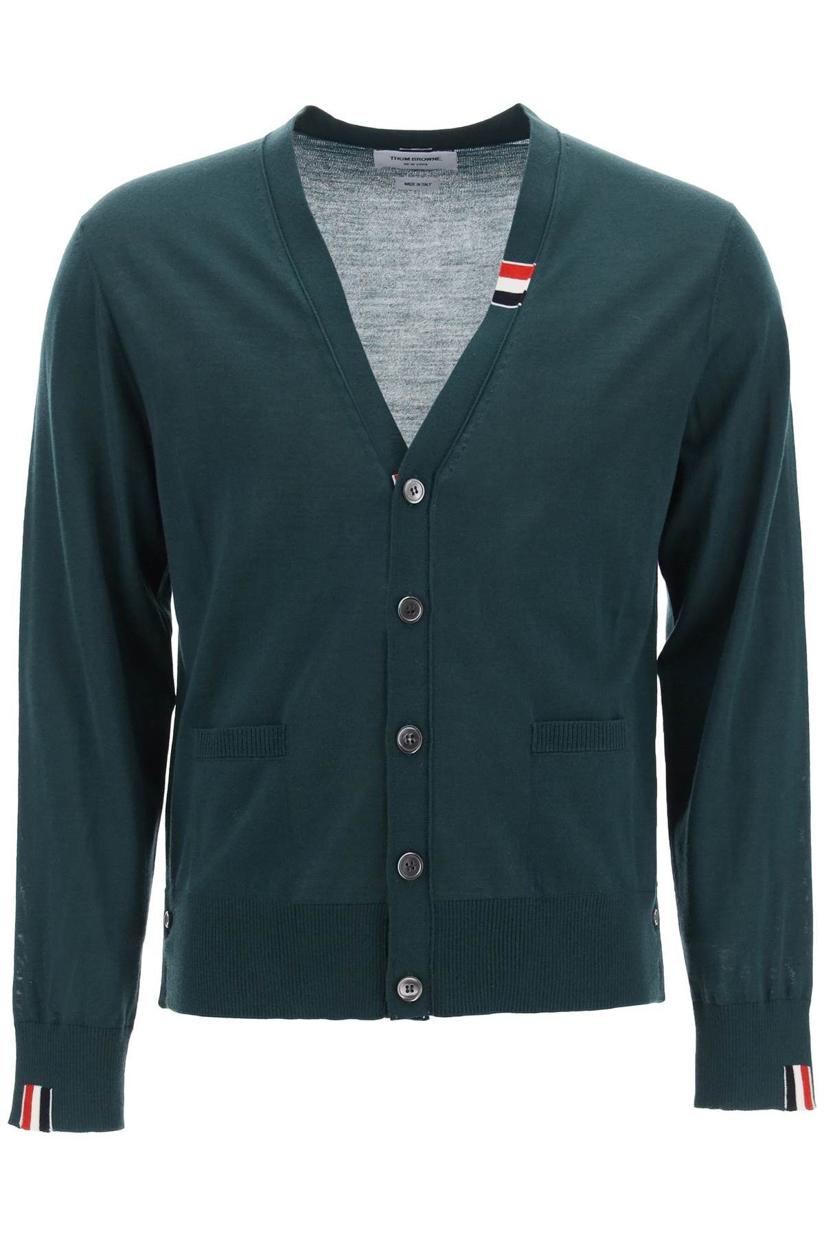 THOM BROWNE Men's Tricolor Wool Cardigan with Double Patch Pocket