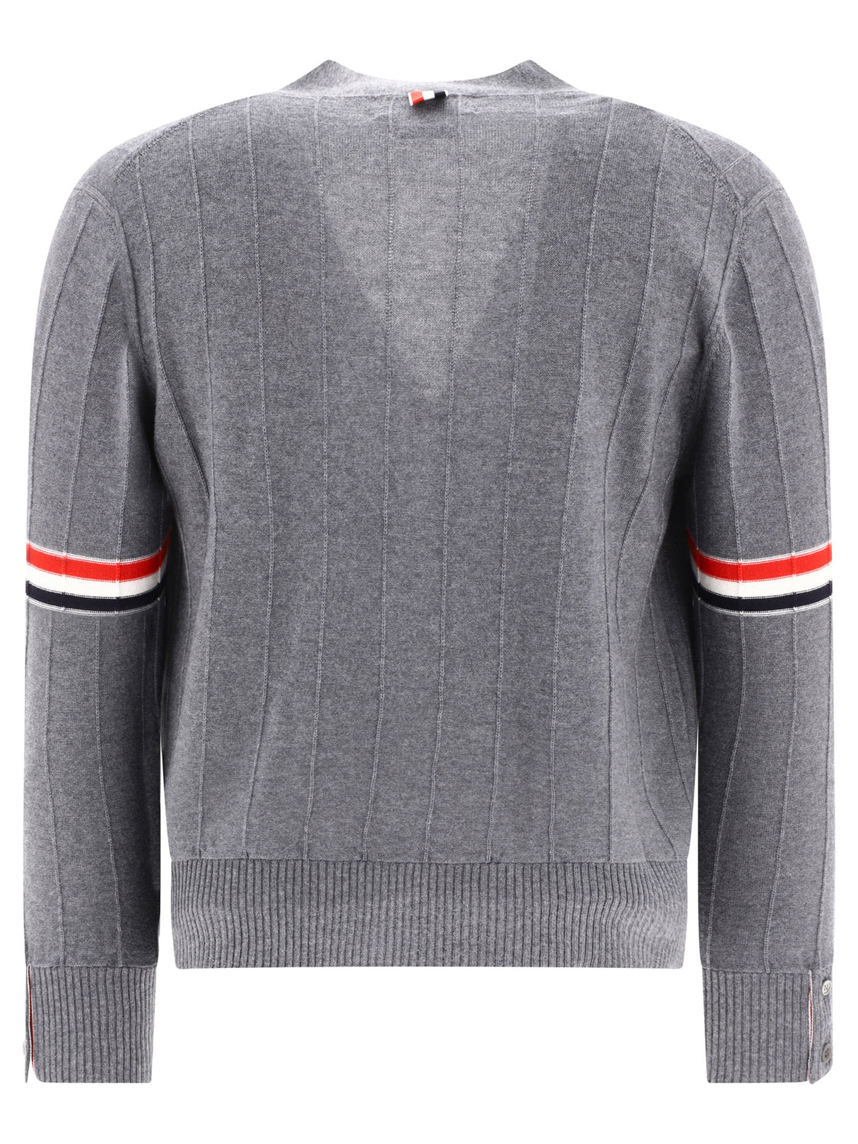 THOM BROWNE Relaxed Fit V-Neck Cardigan with RWB Detail in Gray