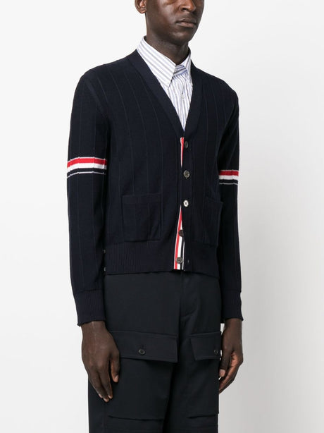 THOM BROWNE Men's V-Neck Wool Cardigan with Stripes