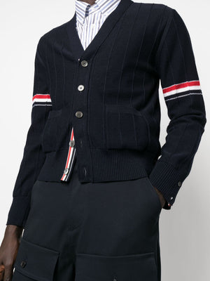 THOM BROWNE Men's V-Neck Wool Cardigan with Stripes