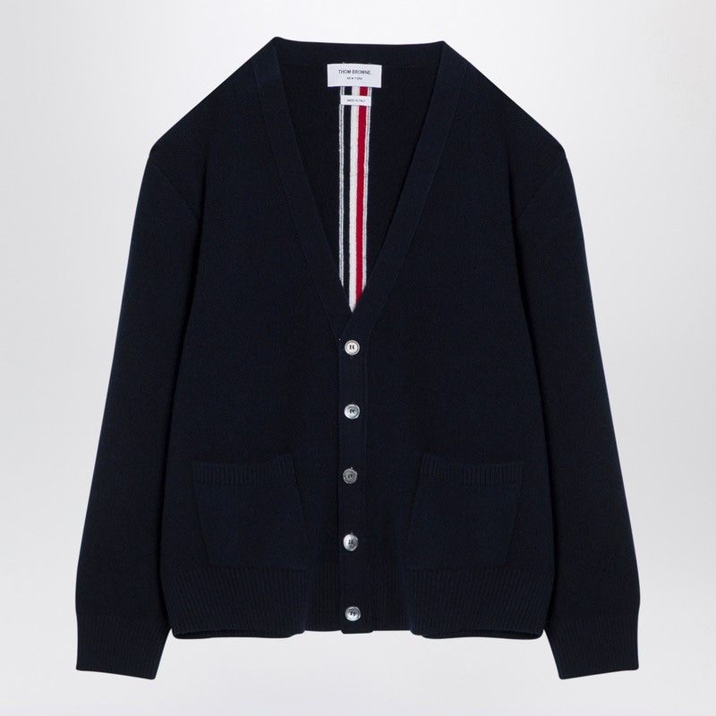 THOM BROWNE Navy Blue Wool V-Neck Cardigan with Tri-Color Back Detail