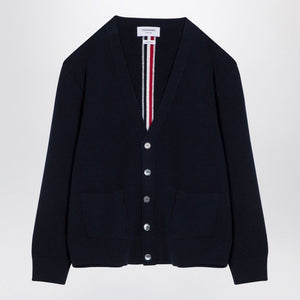 THOM BROWNE Navy Blue Wool V-Neck Cardigan with Tri-Color Back Detail