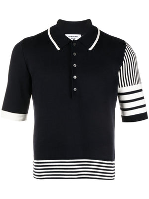 THOM BROWNE Navy Seersucker Jacquard Short Sleeve Polo