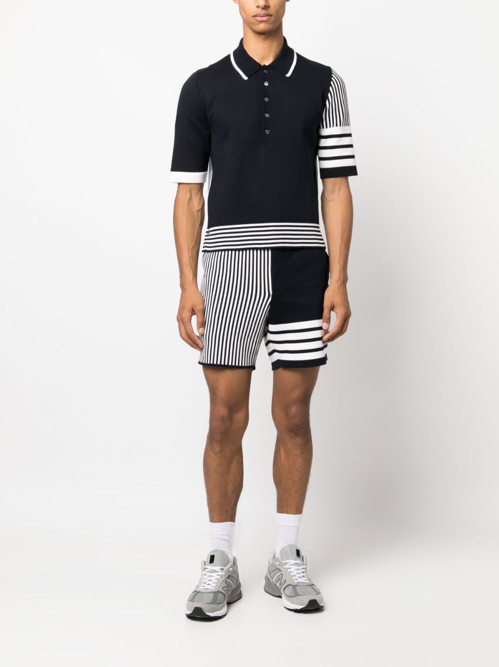 THOM BROWNE Navy Seersucker Jacquard Short Sleeve Polo