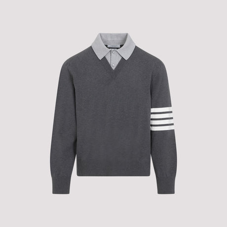 THOM BROWNE Men's Grey V-Neck Polo Pullover for SS24