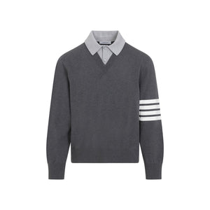 THOM BROWNE Men's Grey V-Neck Polo Pullover for SS24