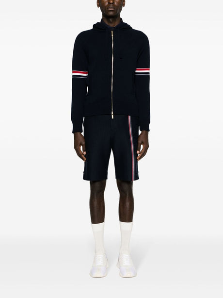 THOM BROWNE Luxury Cashmere Zip-Up Hoodie with Float Jacquard Stitch - Navy