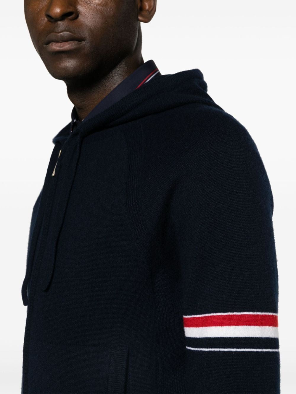 THOM BROWNE Luxury Cashmere Zip-Up Hoodie with Float Jacquard Stitch - Navy