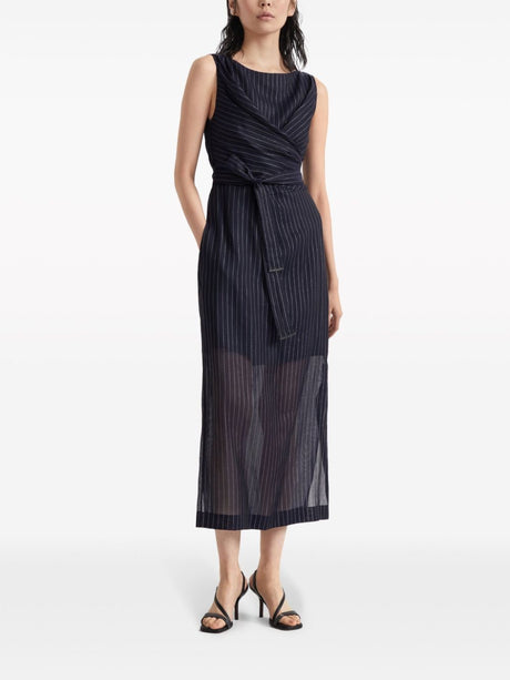 BRUNELLO CUCINELLI Navy Blue Pinstriped Dress with Tie Waist and Shiny Details