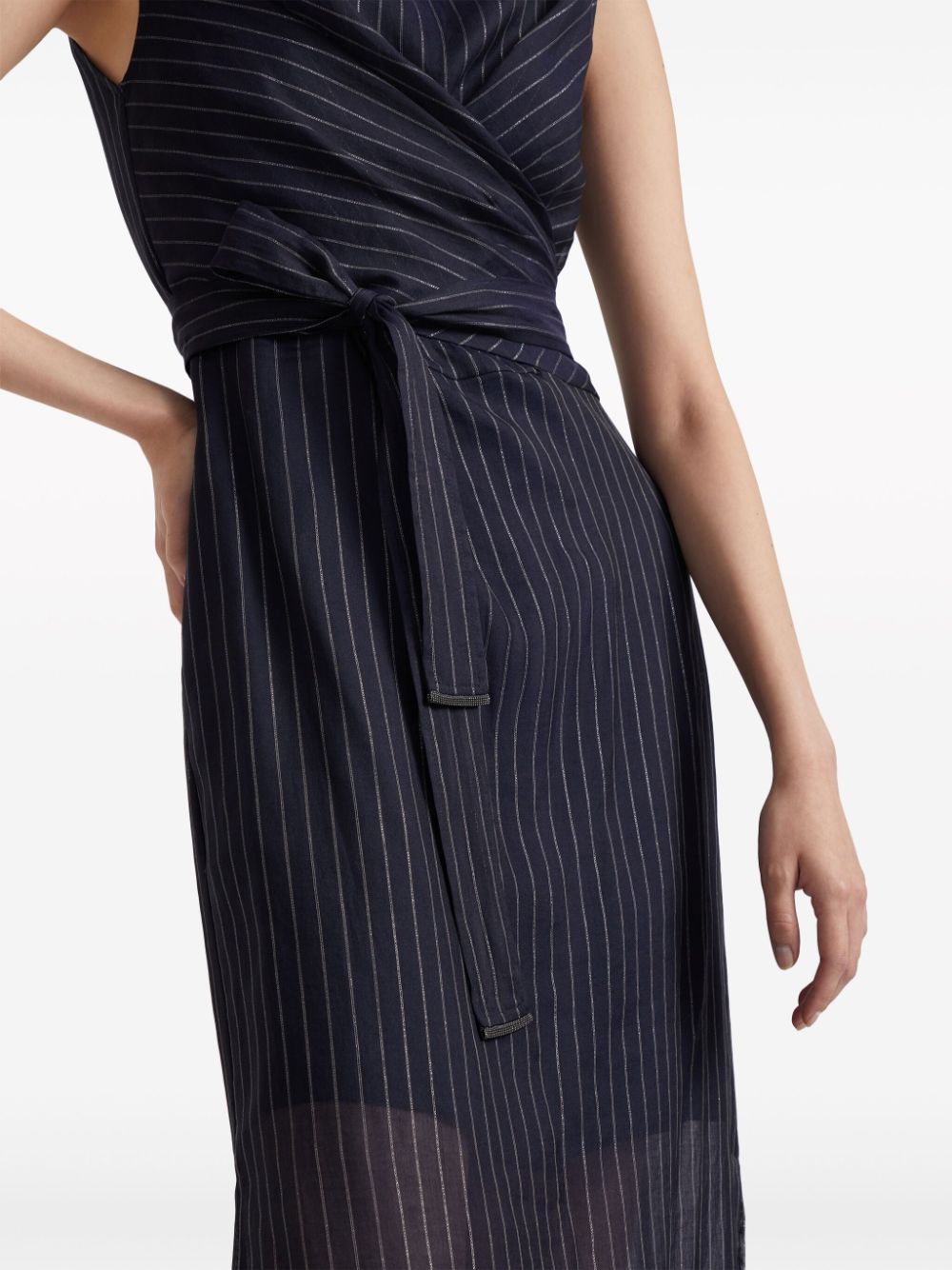 BRUNELLO CUCINELLI Navy Blue Pinstriped Dress with Tie Waist and Shiny Details