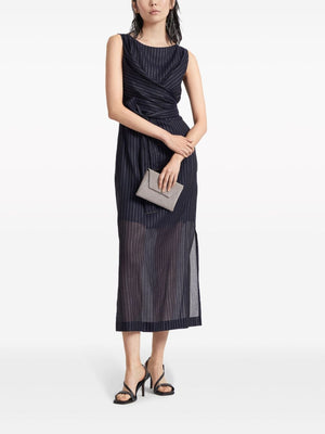 BRUNELLO CUCINELLI Navy Blue Pinstriped Dress with Tie Waist and Shiny Details