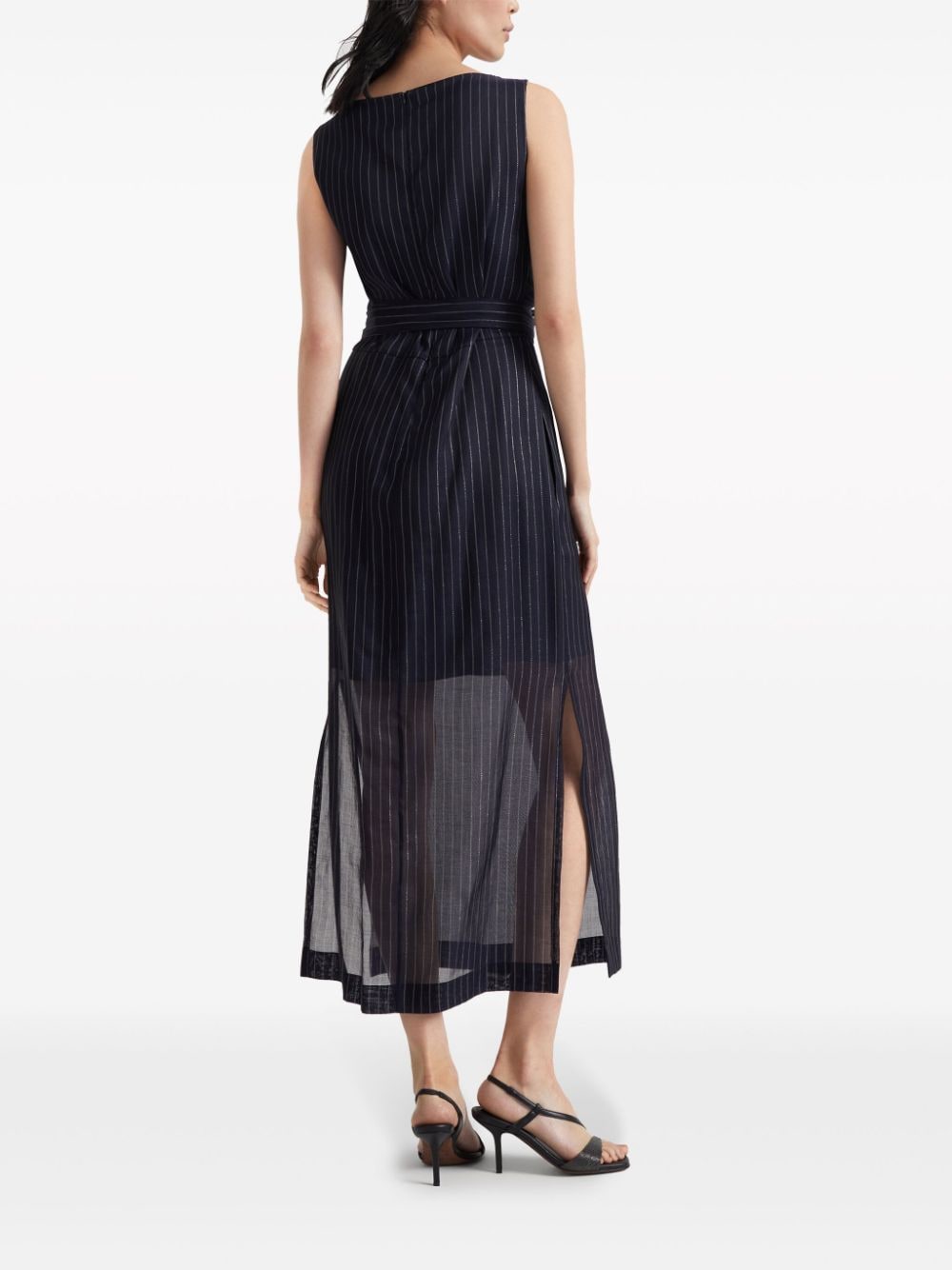 BRUNELLO CUCINELLI Navy Blue Pinstriped Dress with Tie Waist and Shiny Details