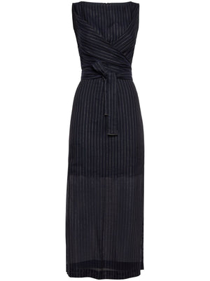 BRUNELLO CUCINELLI Navy Blue Pinstriped Dress with Tie Waist and Shiny Details