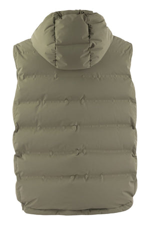 BRUNELLO CUCINELLI SLEEVELESS DOWN JACKET IN MEMBRANED TAFFETA WITH HEAT TAPES AND DETACHABLE HOOD