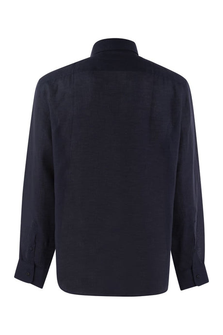 BRUNELLO CUCINELLI Navy Casual Linen Shirt with Classic French Collar