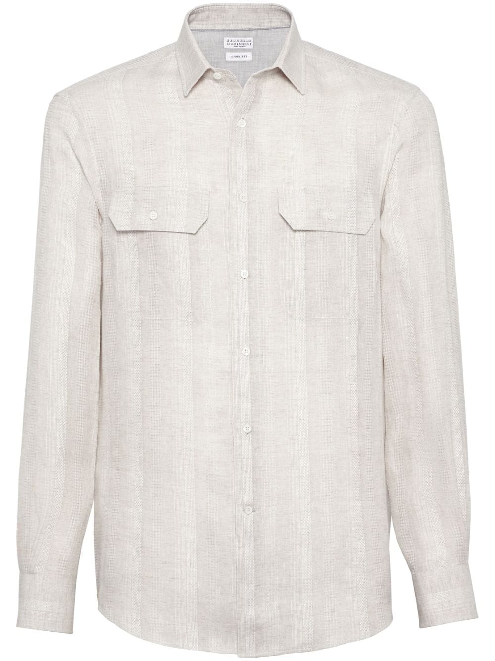 男士亚麻条纹口袋衬衫 - 浅棕白色竖条纹 SS24