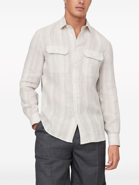 BRUNELLO CUCINELLI Men's Linen Shirt with Pocket - Light Brown White Vertical Stripe Pattern SS24