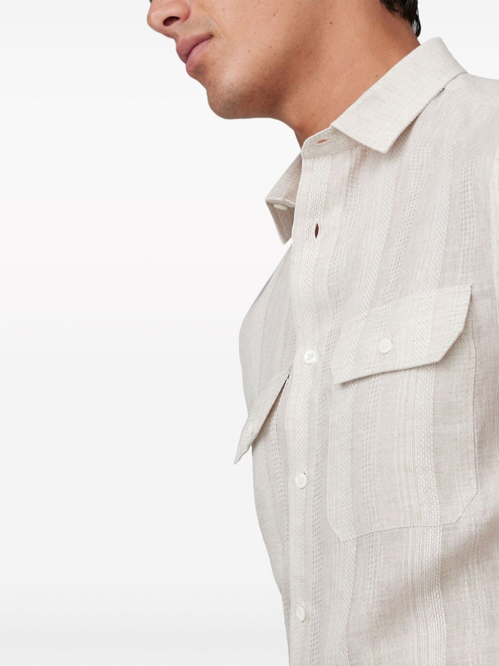 BRUNELLO CUCINELLI Men's Linen Shirt with Pocket - Light Brown White Vertical Stripe Pattern SS24