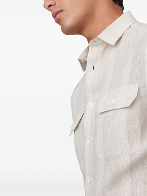 男士亞麻口袋直條紋衬衫 - 淺棕白色垂直條紋 SS24